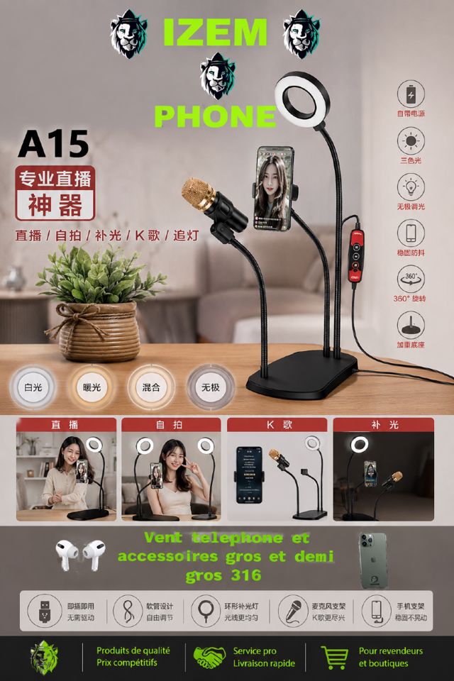 Support Vlogging A15 Ring Light & Micro avec Batterie